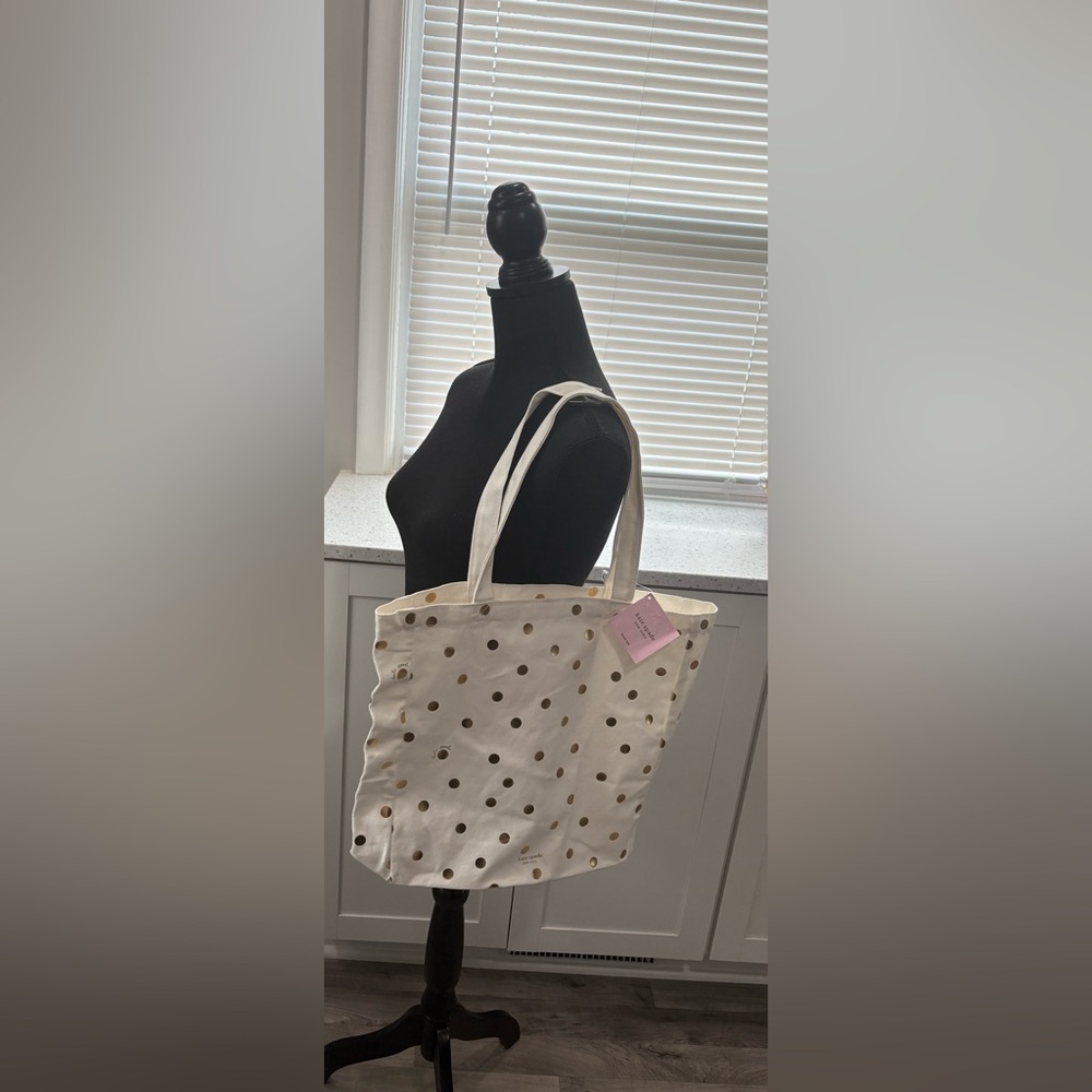 NWT Kate Spade Cream Canvas Book Tote with Gold Polka Dots